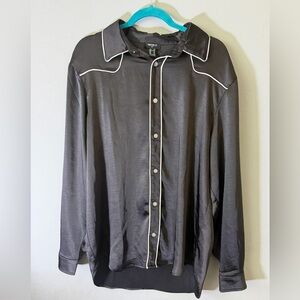 Black Satin Button-Up Shirt with White Piping